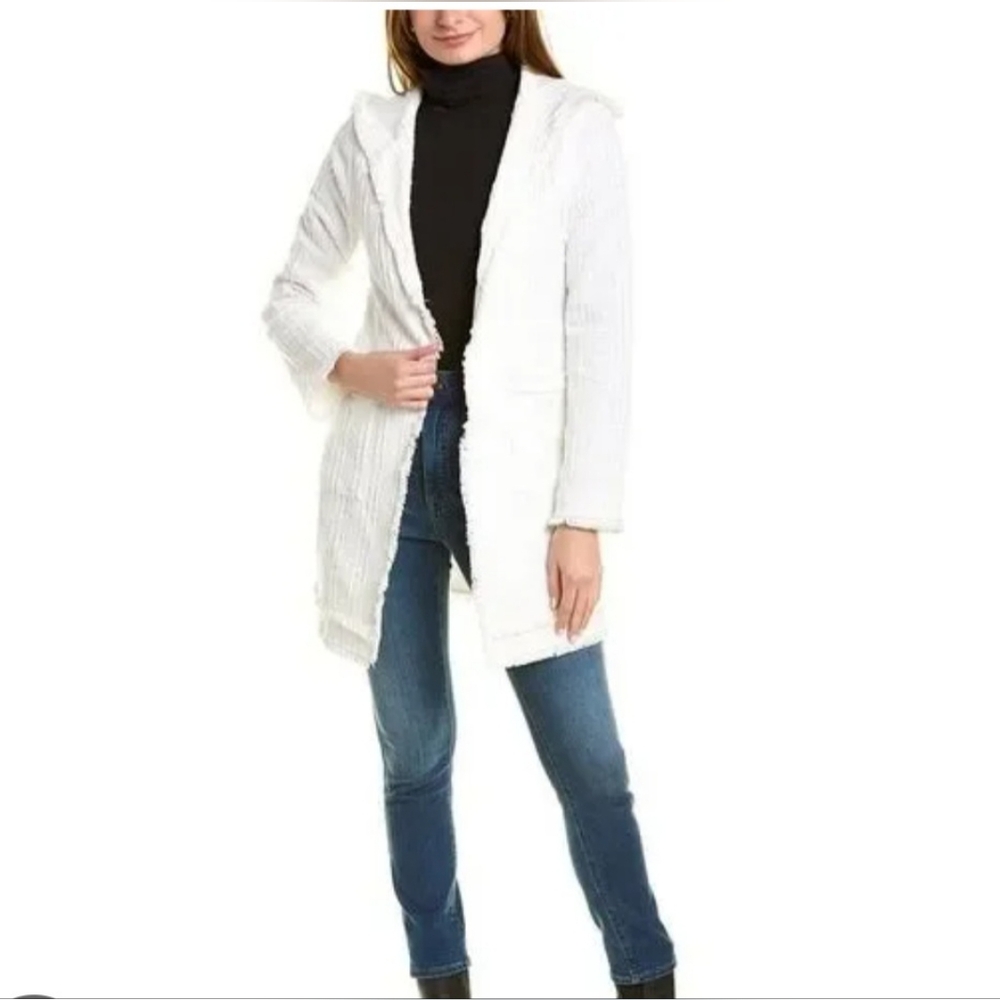 Laundry by Shelli Segal Cotton Blend Hooded Cardigan Boucle Jacket Medium Fringe